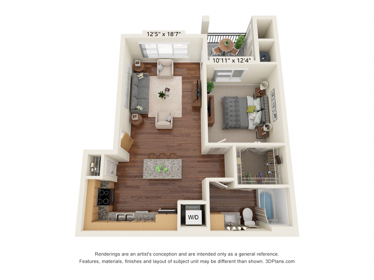Floor plan for 1 bed, 1 bath, 754 sqft